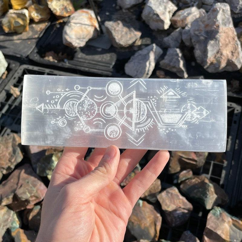 Selenite Satin Spar Aztec Tribal Design Rectangle Charging Plate-Nature's Treasures