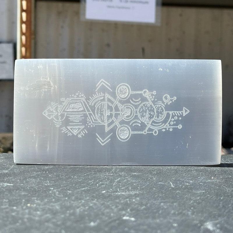 Selenite Satin Spar Aztec Tribal Design Rectangle Charging Plate-Nature's Treasures