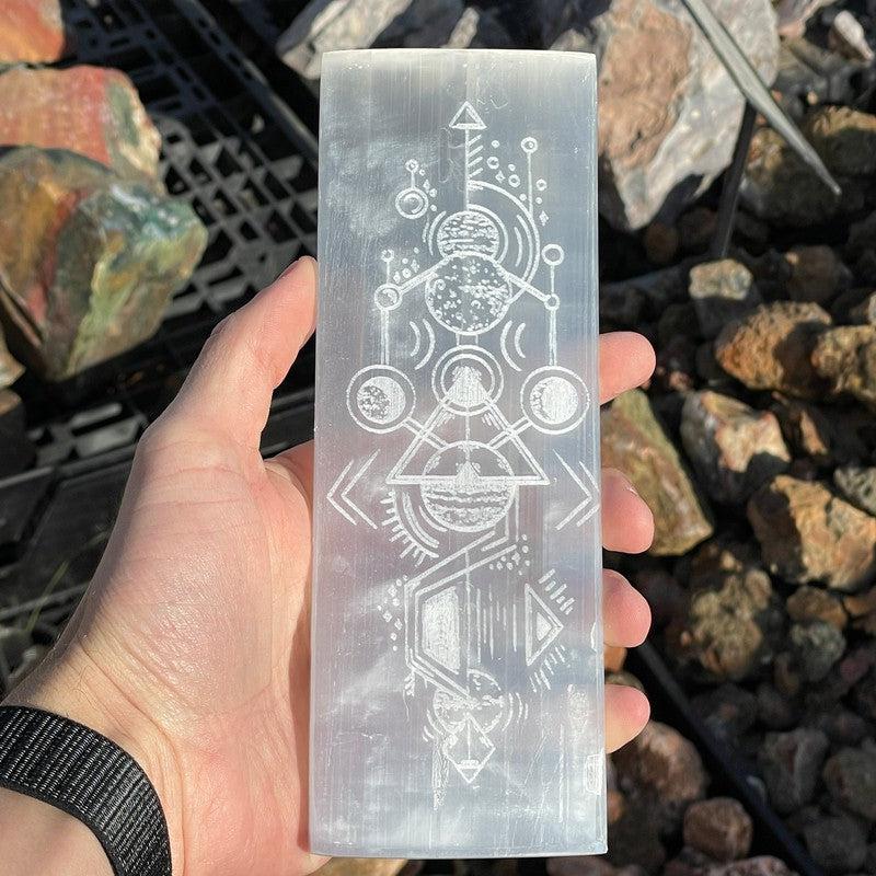 Selenite Satin Spar Aztec Tribal Design Rectangle Charging Plate-Nature's Treasures