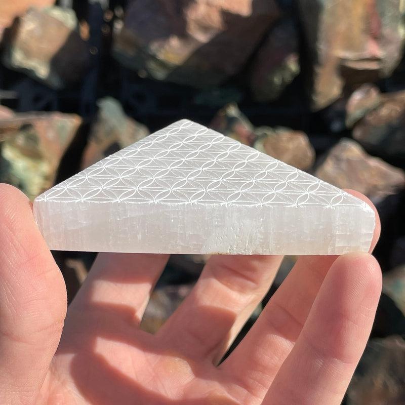 Selenite Satin Spar Flower Of Life Triangle Charging Plate || Aura Cleansing-Nature's Treasures