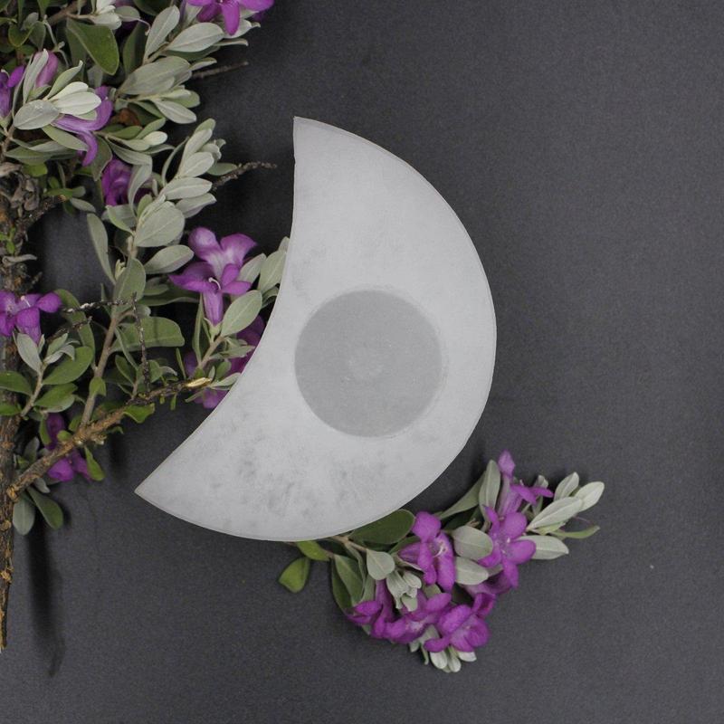 Selenite Satin Spar Half-Moon Tealight Holder || Aura Cleansing-Nature's Treasures