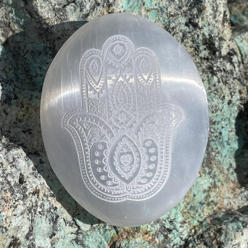 Selenite Satin Spar Hamsa Hand Palm Stone || Aura Cleansing-Nature's Treasures