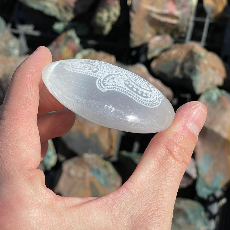 Selenite Satin Spar Hamsa Hand Palm Stone || Aura Cleansing-Nature's Treasures