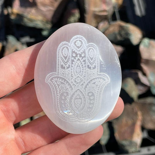 Selenite Satin Spar Hamsa Hand Palm Stone || Aura Cleansing-Nature's Treasures