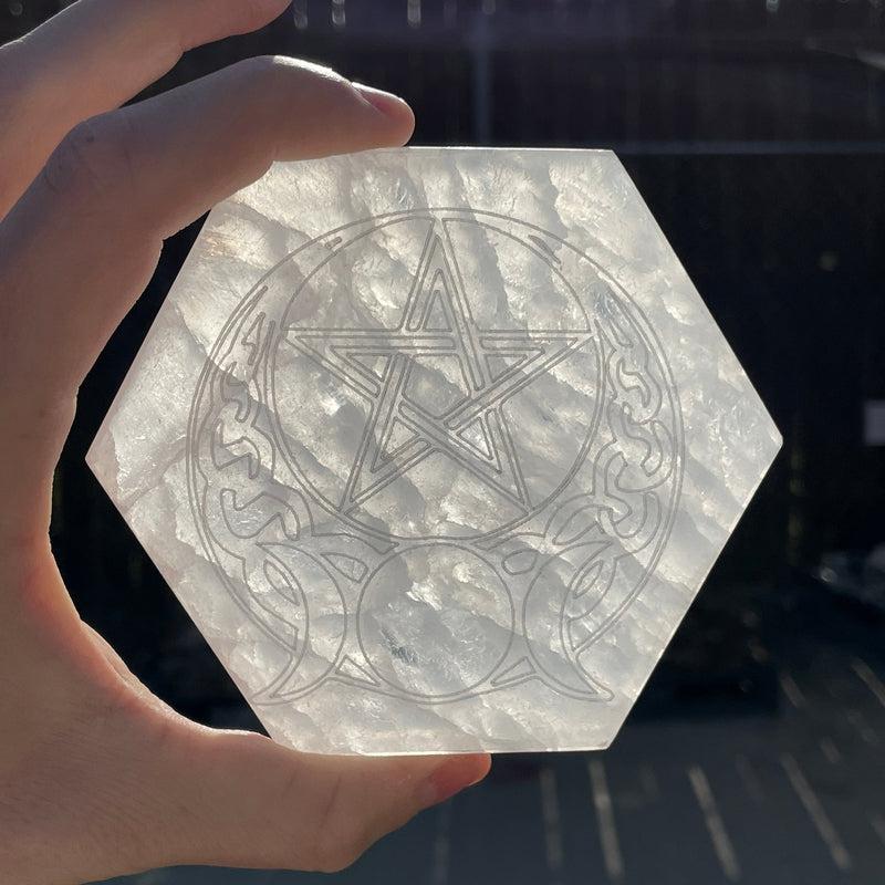 Selenite Satin Spar Hexagon Charging Plate || Celtic Pentagram With Triple Moon-Nature's Treasures