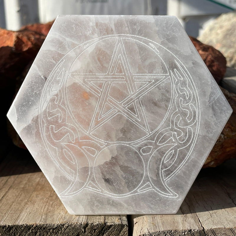 Selenite Satin Spar Hexagon Charging Plate || Celtic Pentagram With Triple Moon-Nature's Treasures