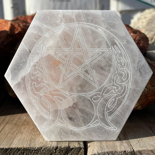 Selenite Satin Spar Hexagon Charging Plate || Celtic Pentagram With Triple Moon-Nature's Treasures