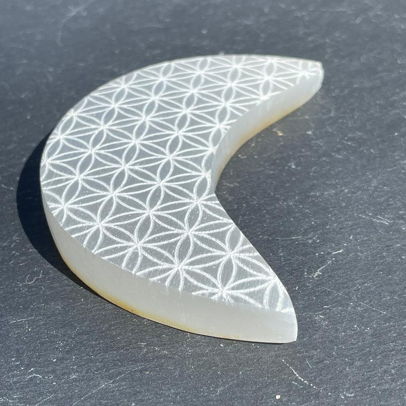 Selenite Satin Spar Moon Charging Plate With Flower Of Life || Morocco-Nature's Treasures
