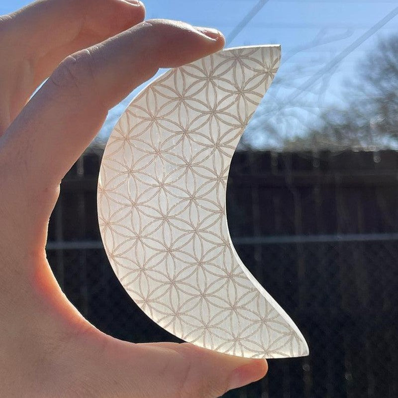 Selenite Satin Spar Moon Charging Plate With Flower Of Life || Morocco-Nature's Treasures