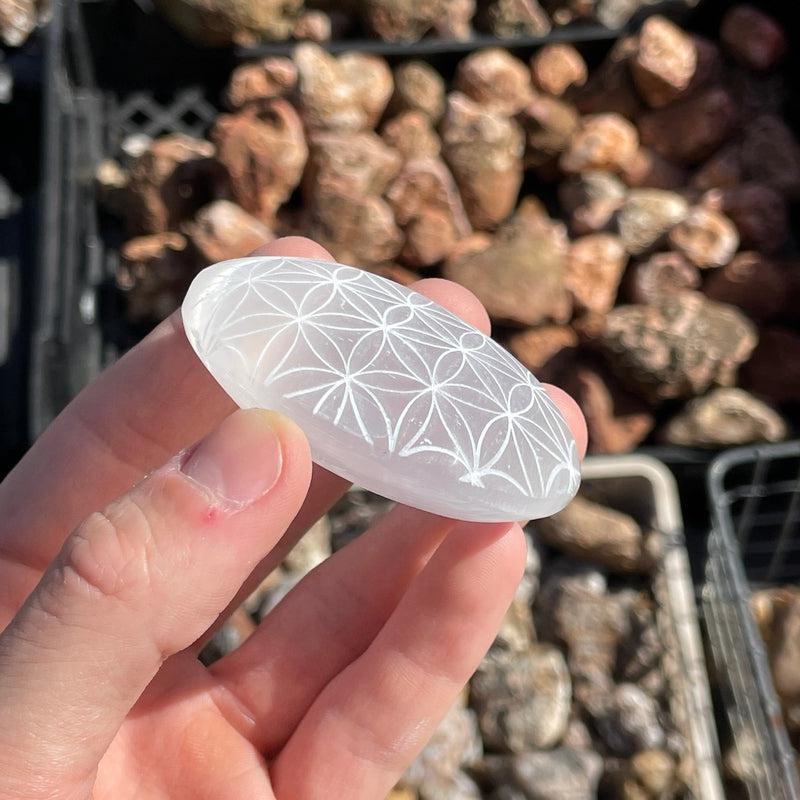 Selenite Satin Spar Palm Stones || Flower Of Life-Nature's Treasures