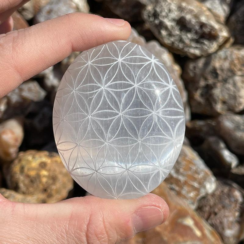 Selenite Satin Spar Palm Stones || Flower Of Life-Nature's Treasures