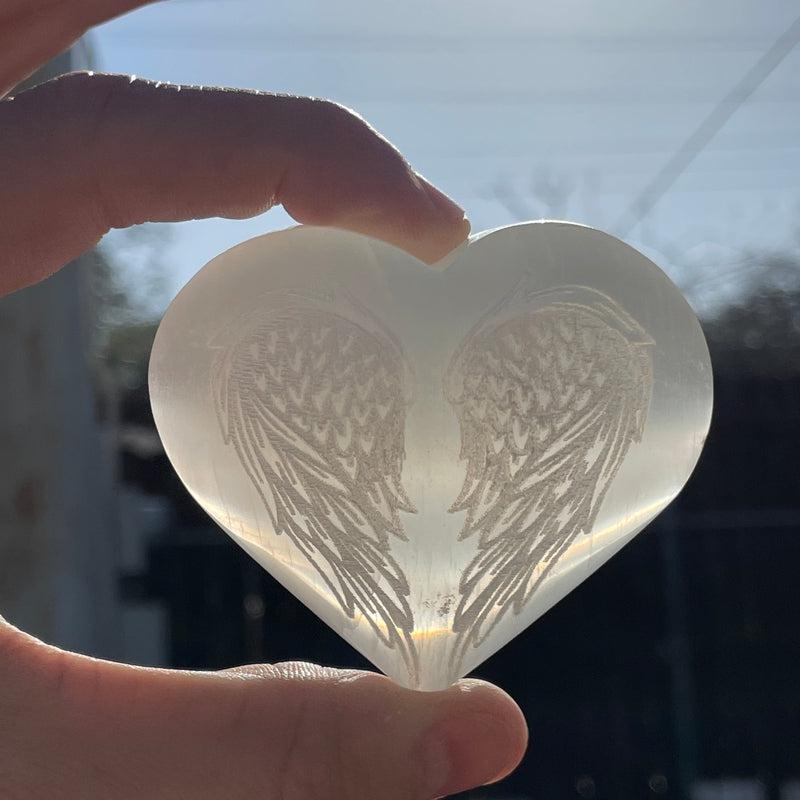 Selenite Satin Spar Puff Heart With Angel Wings || Aura Cleansing-Nature's Treasures