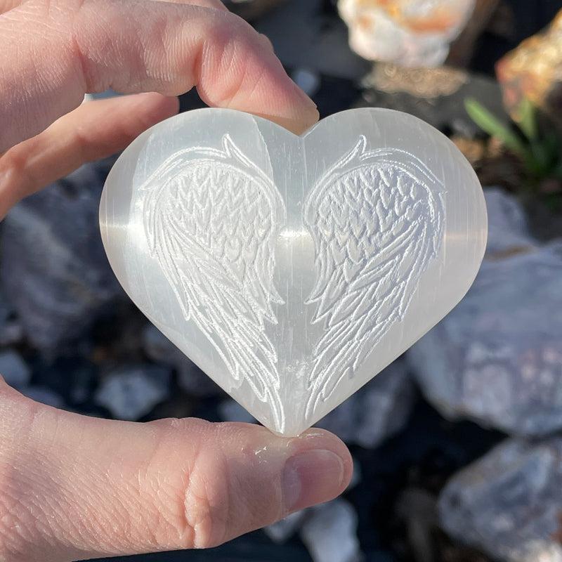 Selenite Satin Spar Puff Heart With Angel Wings || Aura Cleansing