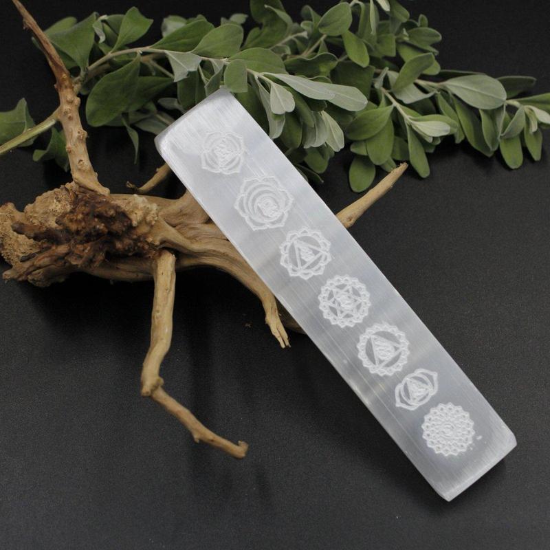 Selenite Satin Spar Rectangle Charging Plate || Chakra Symbols-Nature's Treasures