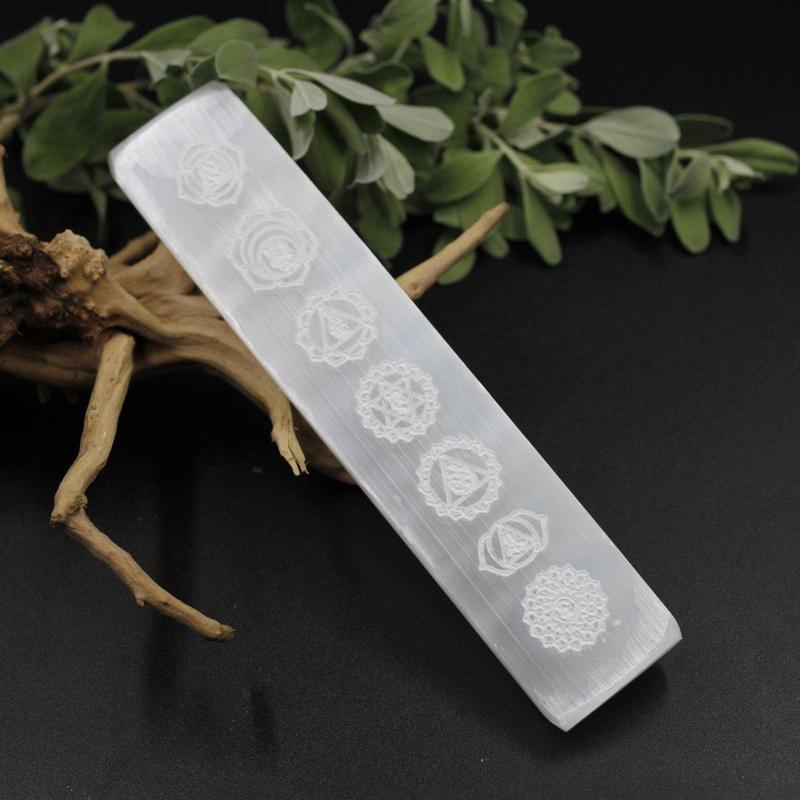 Selenite Satin Spar Rectangle Charging Plate || Chakra Symbols-Nature's Treasures