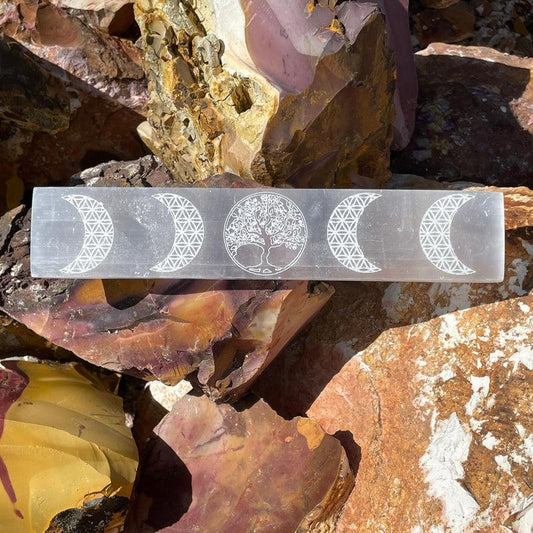 Selenite Satin Spar Rectangle Triple Moon; Tree of Life Charging Plate-Nature's Treasures