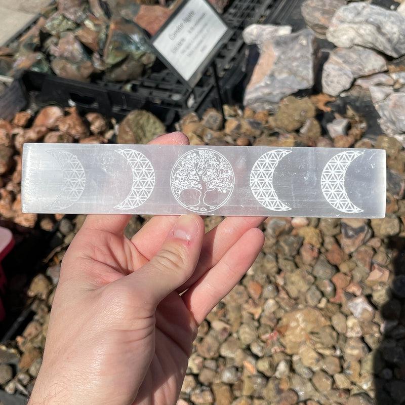 Selenite Satin Spar Rectangle Triple Moon; Tree of Life Charging Plate-Nature's Treasures
