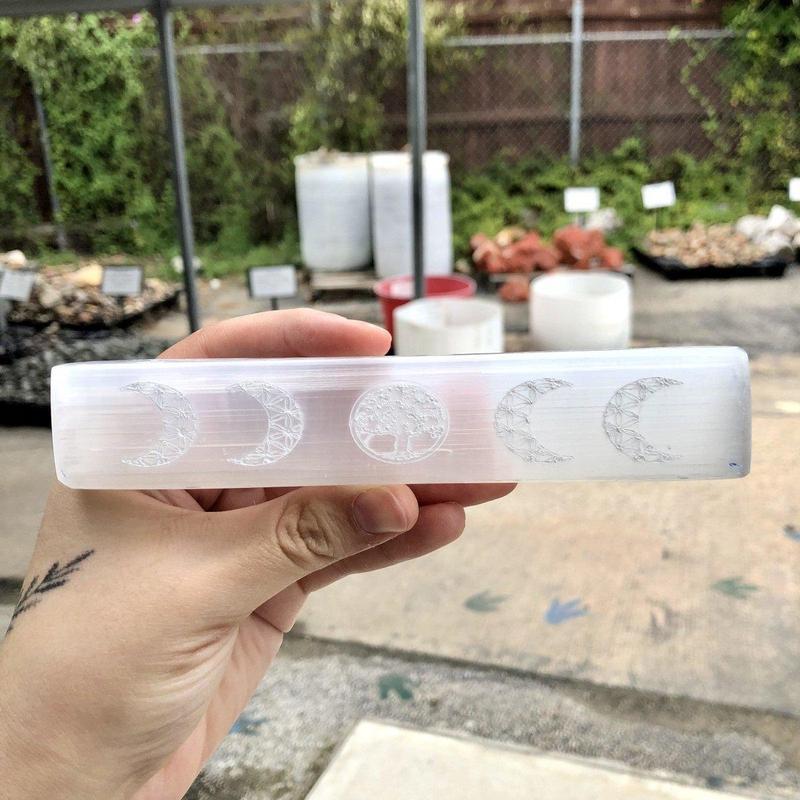 Selenite Satin Spar Rectangle Triple Moon; Tree of Life Charging Plate-Nature's Treasures