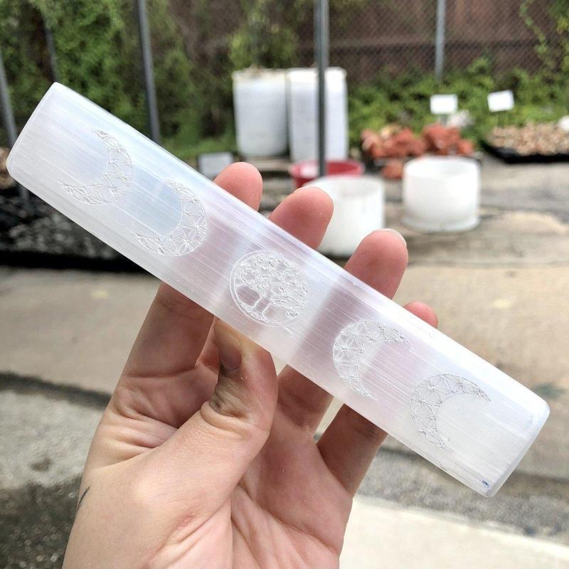 Selenite Satin Spar Rectangle Triple Moon; Tree of Life Charging Plate-Nature's Treasures