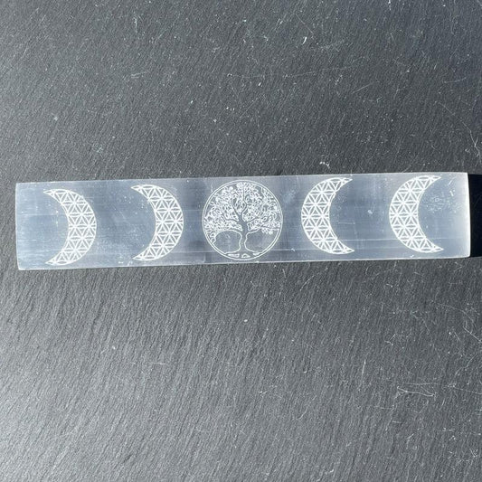 Selenite Satin Spar Rectangle Triple Moon; Tree of Life Charging Plate-Nature's Treasures