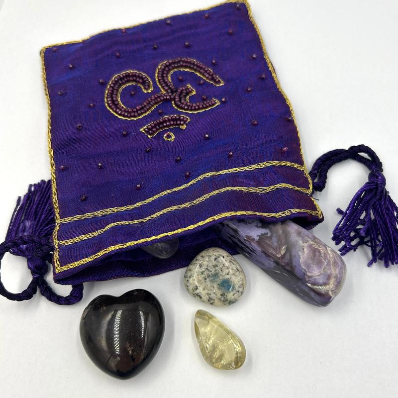 Silk Purple Beaded Om Drawstring Accessory Pouch Bag-Nature's Treasures