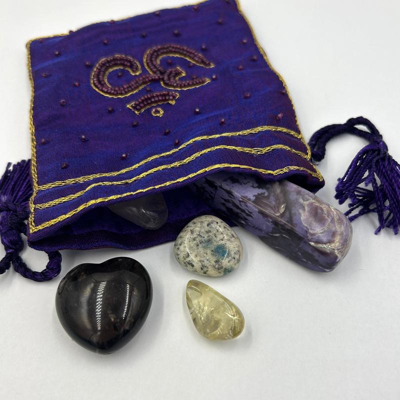 Silk Purple Beaded Om Drawstring Accessory Pouch Bag-Nature's Treasures