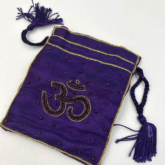 Silk Purple Beaded Om Drawstring Accessory Pouch Bag-Nature's Treasures