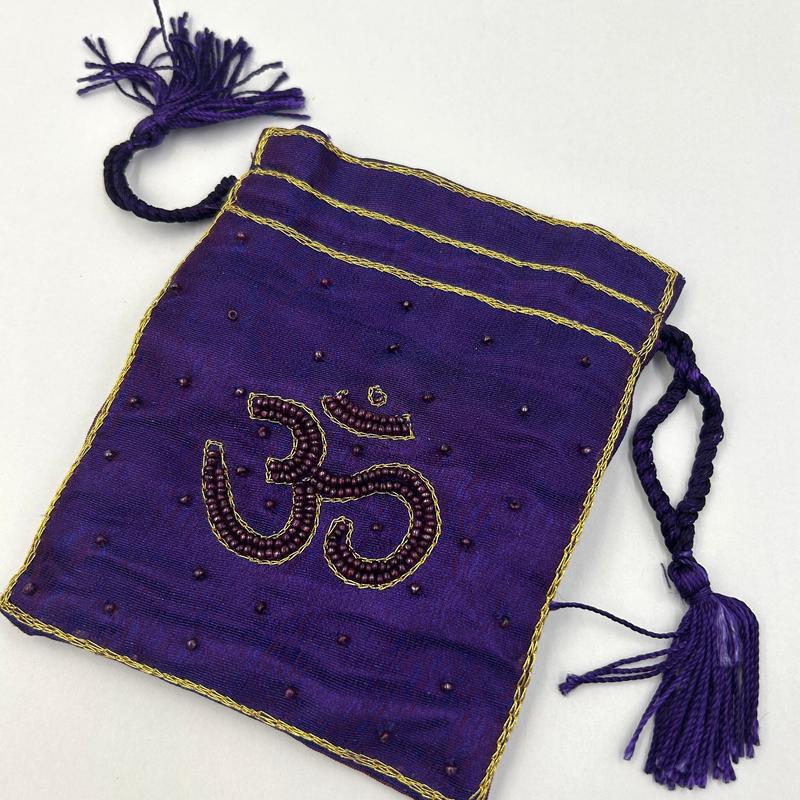 Silk Purple Beaded Om Drawstring Accessory Pouch Bag