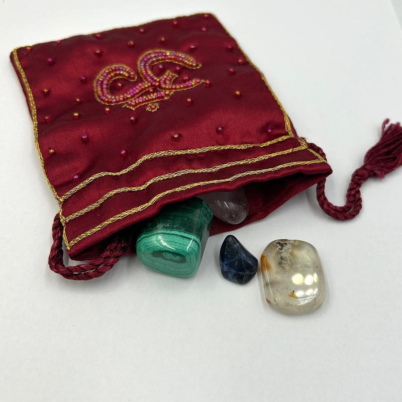 Silk Red Beaded Om Drawstring Accessory Pouch Bag-Nature's Treasures