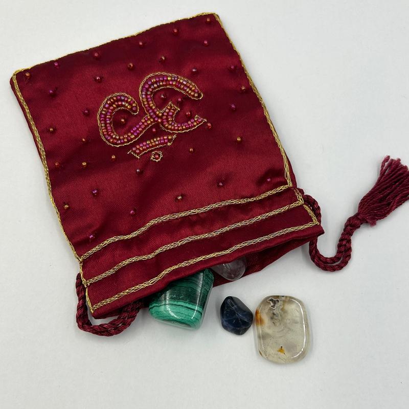 Silk Red Beaded Om Drawstring Accessory Pouch Bag-Nature's Treasures