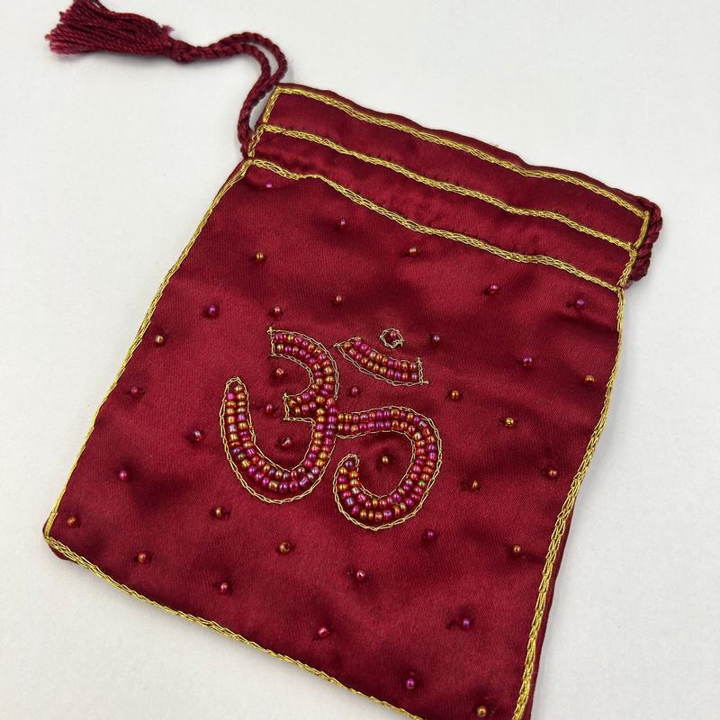 Silk Red Beaded Om Drawstring Accessory Pouch Bag-Nature's Treasures