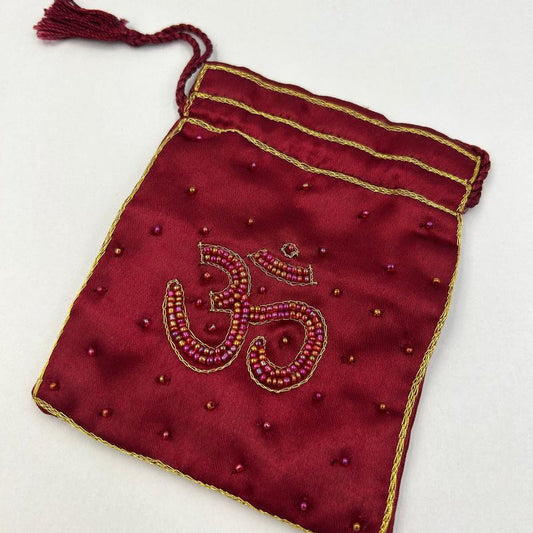 Silk Red Beaded Om Drawstring Accessory Pouch Bag-Nature's Treasures