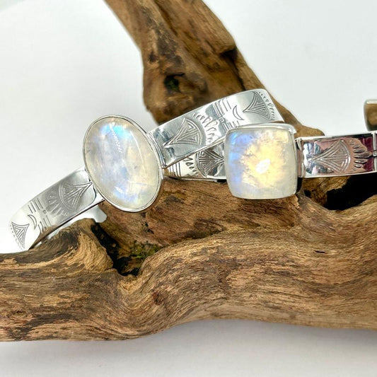 Silver Cuff Rainbow Moonstone Bracelets || .925 Sterling Silver-Nature's Treasures