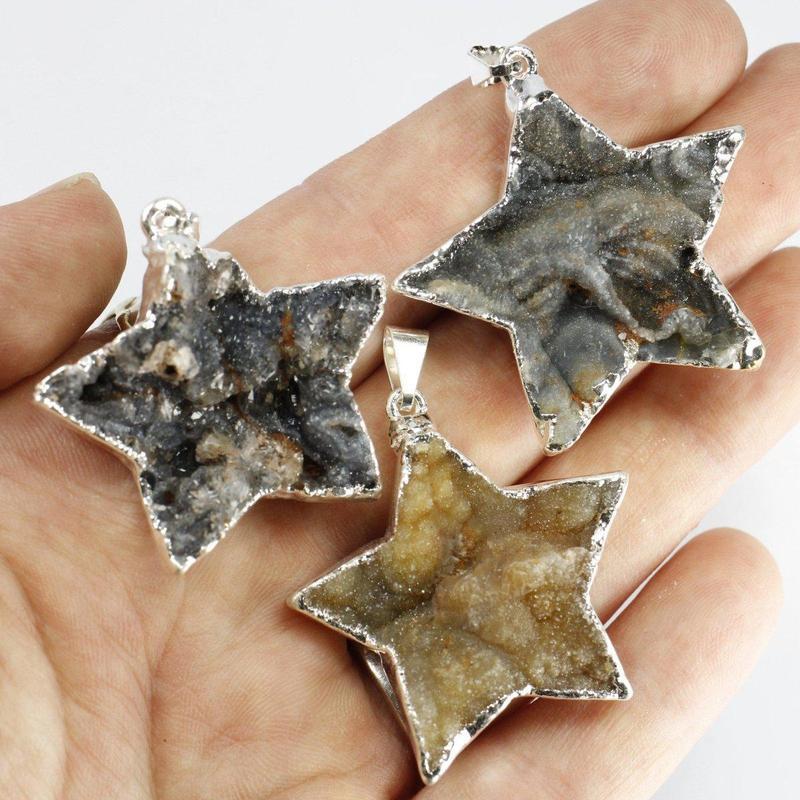 Silver Plated Natural Druzy Agate Star Pendants | Dyed & Natural-Nature's Treasures