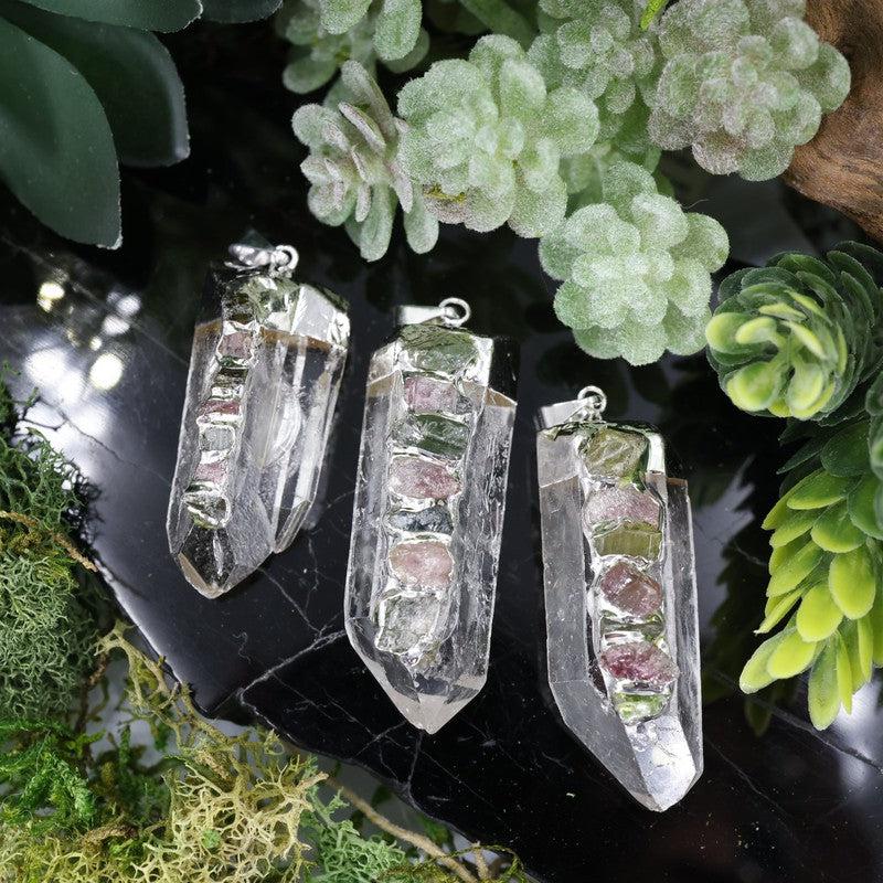 Silver Plated Quartz Point w/ Mix Tourmaline Pendant-Nature's Treasures