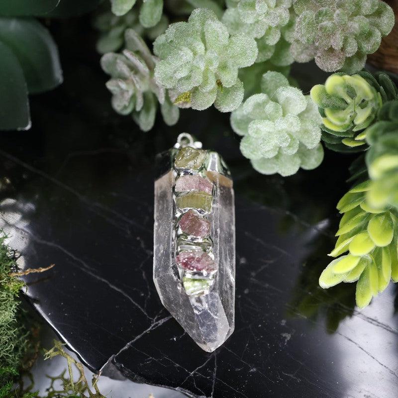 Silver Plated Quartz Point w/ Mix Tourmaline Pendant-Nature's Treasures