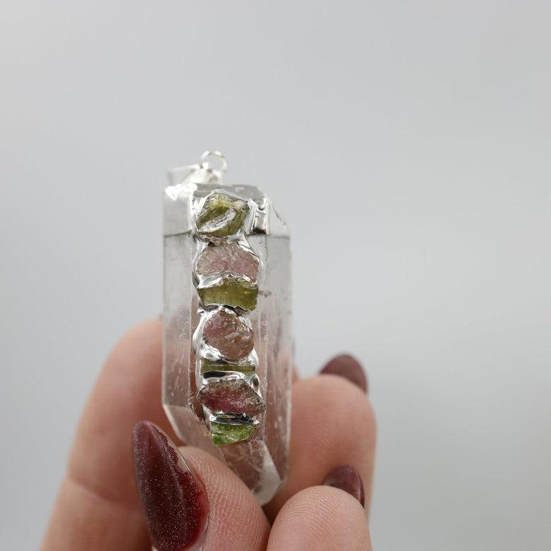 Silver Plated Quartz Point w/ Mix Tourmaline Pendant-Nature's Treasures