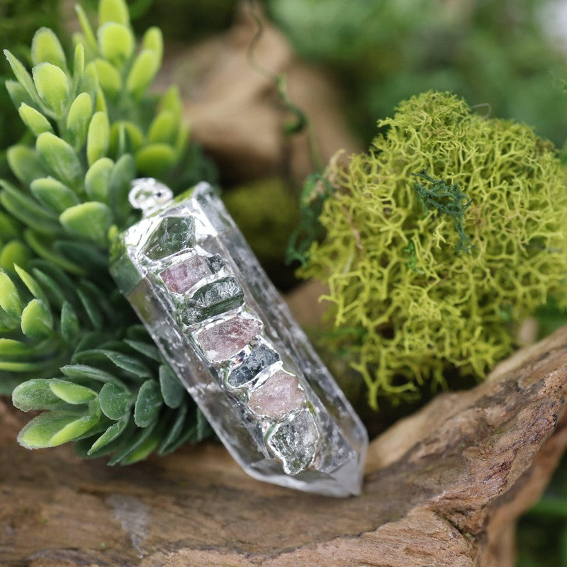 Silver Plated Quartz Point w/ Mix Tourmaline Pendant-Nature's Treasures