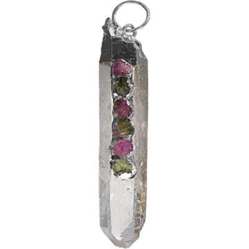 Silver Plated Quartz Point w/ Mix Tourmaline Pendant