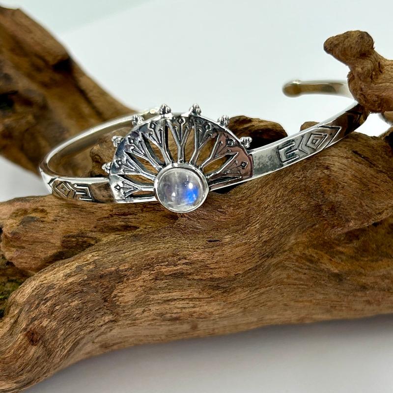 Silver Rainbow Moonstone Cuff Bracelets || .925 Sterling Silver-Nature's Treasures