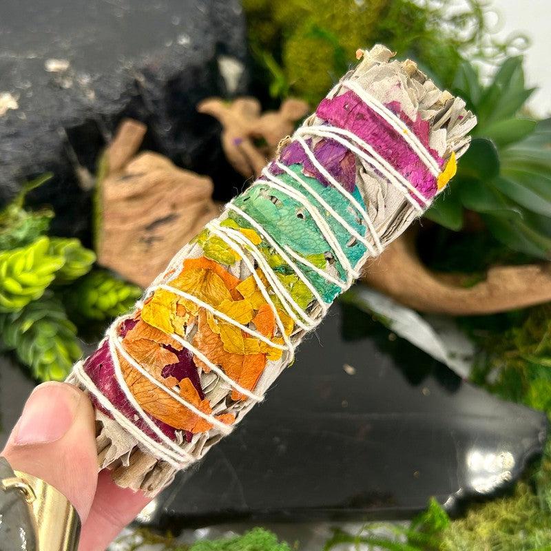 Smudge Bundle Sticks || White Sage And Chakra Colored Rose Petals-Nature's Treasures