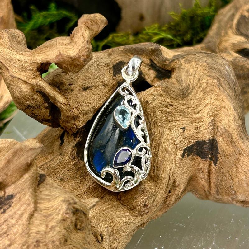 Teardrop Labradorite With Iolite & Blue Topaz Pendant || .925 Sterling Silver-Nature's Treasures