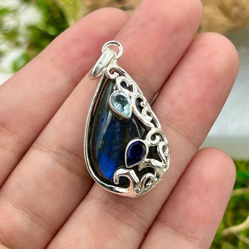 Teardrop Labradorite With Iolite & Blue Topaz Pendant || .925 Sterling Silver-Nature's Treasures