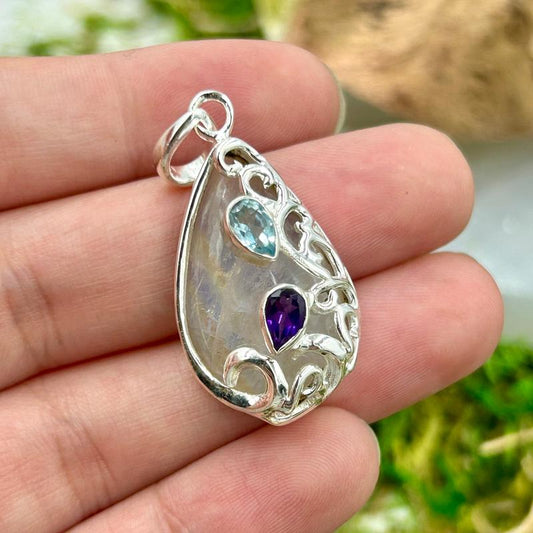 Teardrop Rainbow Moonstone With Amethyst & Blue Topaz Pendant || .925 Sterling Silver-Nature's Treasures