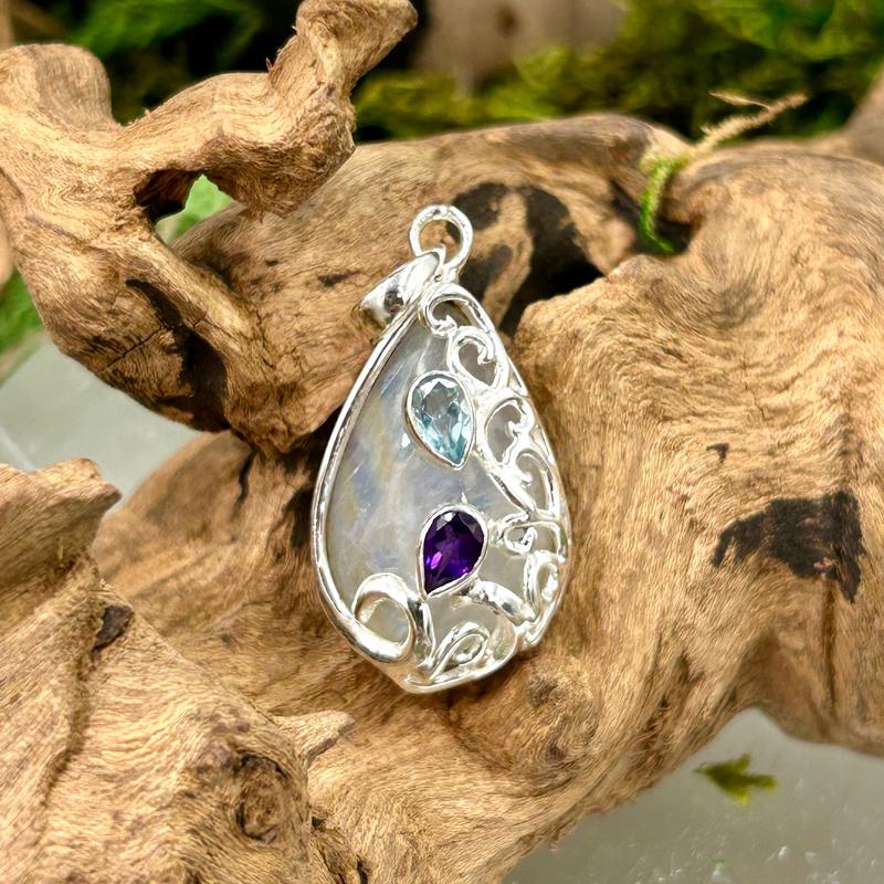 Teardrop Rainbow Moonstone With Amethyst & Blue Topaz Pendant || .925 Sterling Silver-Nature's Treasures