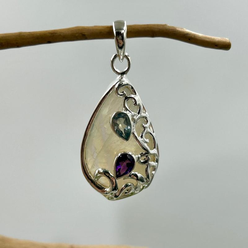Teardrop Rainbow Moonstone With Amethyst & Blue Topaz Pendant || .925 Sterling Silver-Nature's Treasures