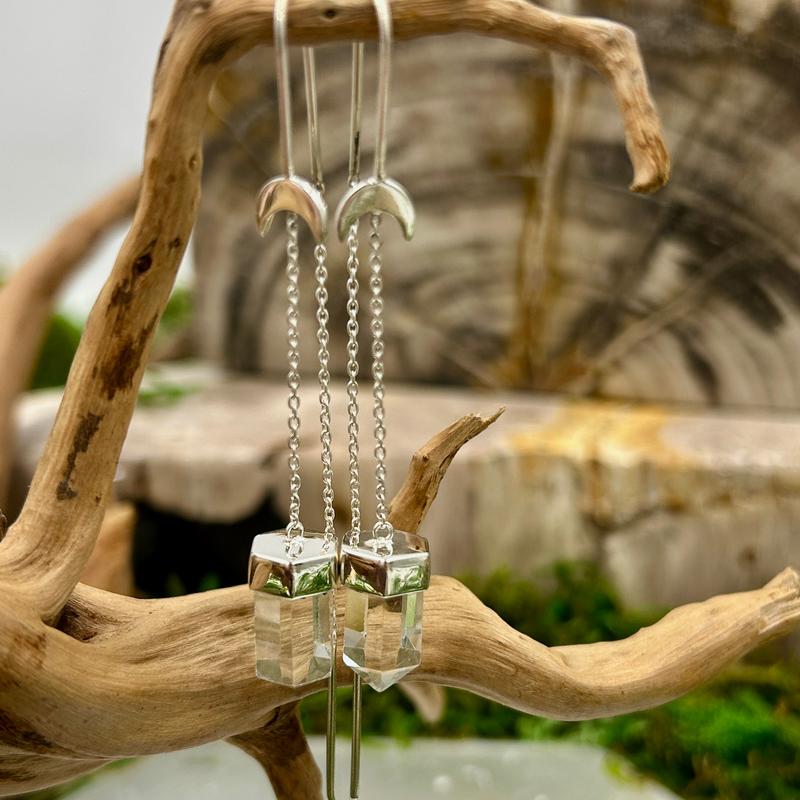 Threaded Dangle Quartz Point With Moon Earrings || .925 Sterling Silver-Nature's Treasures