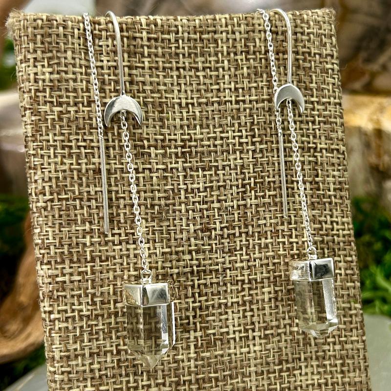 Threaded Dangle Quartz Point With Moon Earrings || .925 Sterling Silver-Nature's Treasures