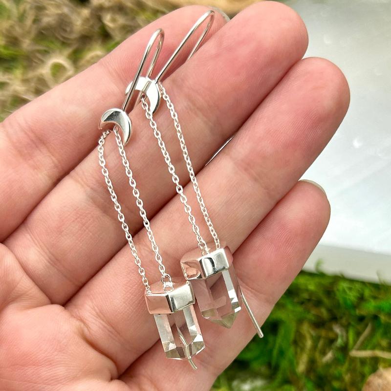 Threaded Dangle Quartz Point With Moon Earrings || .925 Sterling Silver-Nature's Treasures