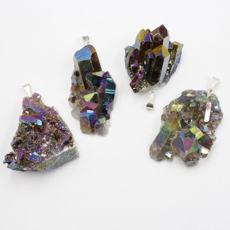 Titanium Aura Coated Amethyst, Quartz Cluster Pendants-Nature's Treasures